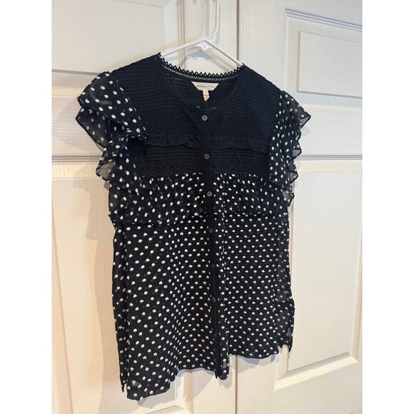 Rebecca Taylor Black & White Polka Dot Ruffle Lace Blouse – Size 12 - Picture 4 of 7